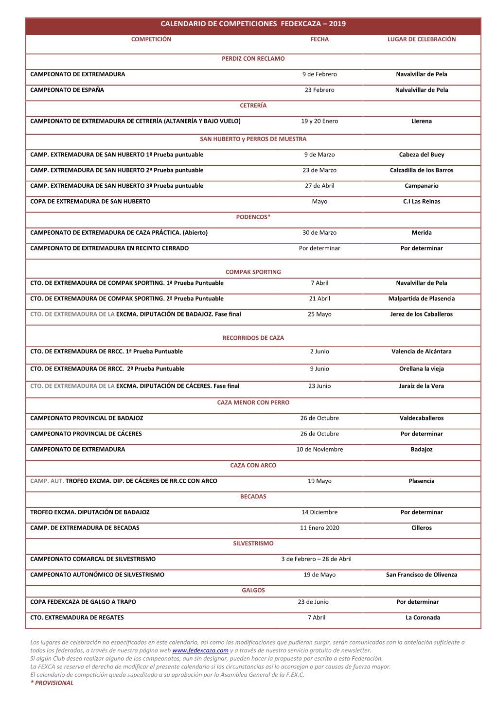 Calendario De Competiciones Fedexcaza – 2019