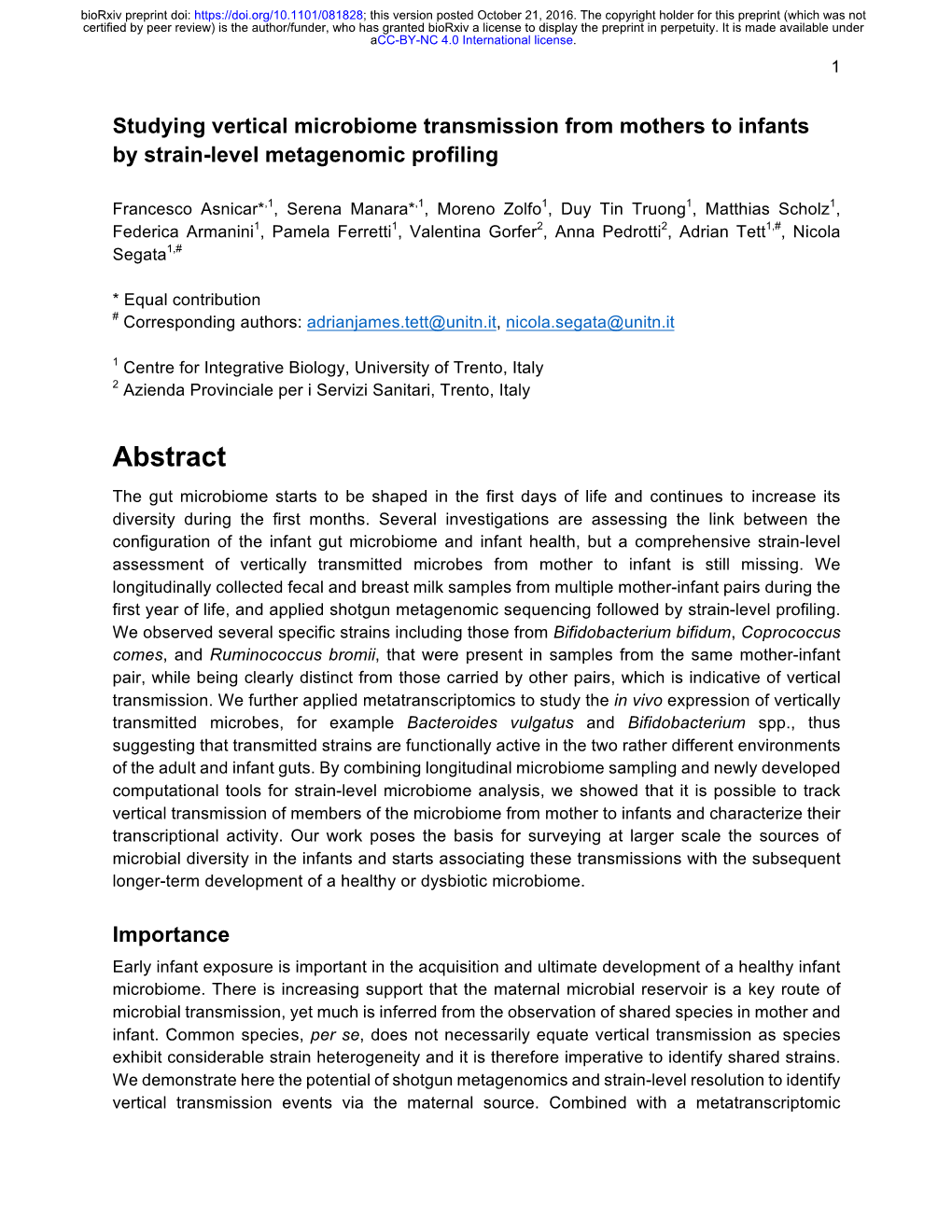 Studying Vertical Microbiome Transmission from Mothers to Infants by Strain-Level Metagenomic Profiling