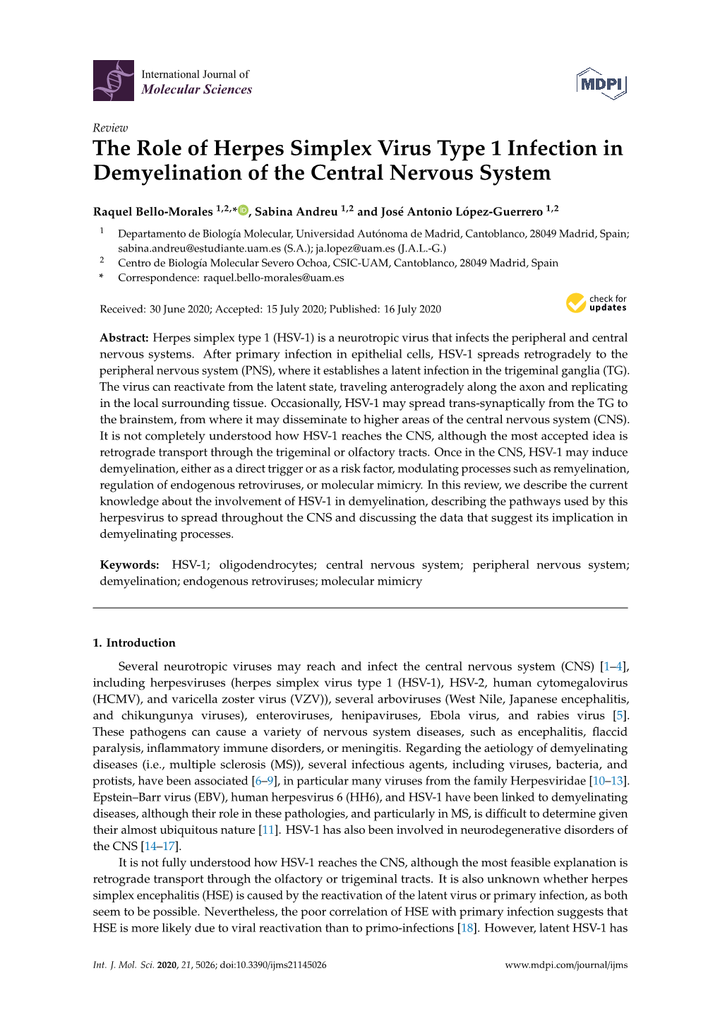 The Role of Herpes Simplex Virus Type 1 Infection in Demyelination of the Central Nervous System