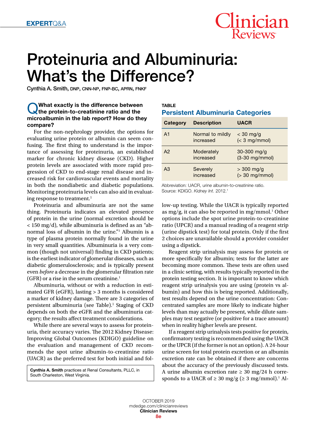 Proteinuria and Albuminuria: What’S the Difference? Cynthia A