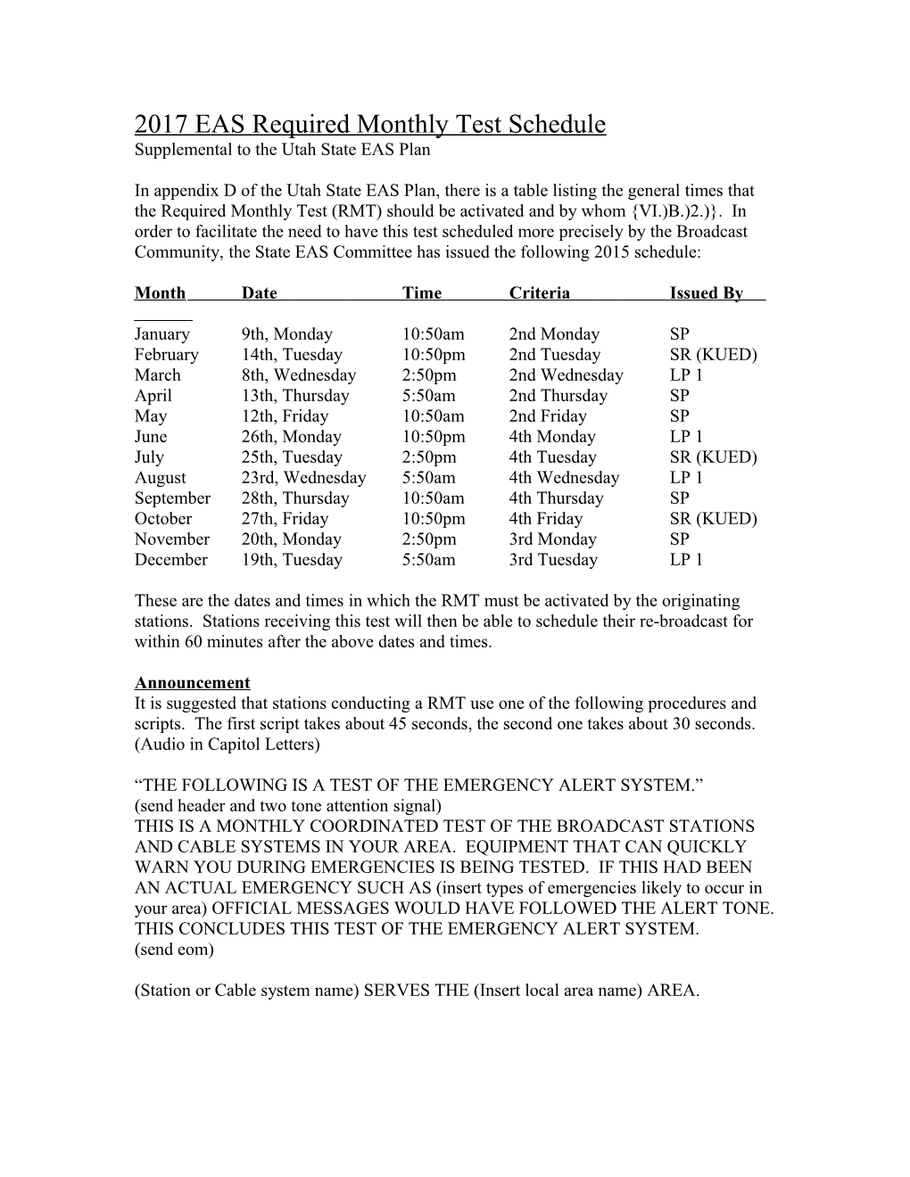 2017 EAS Required Monthly Test Schedule