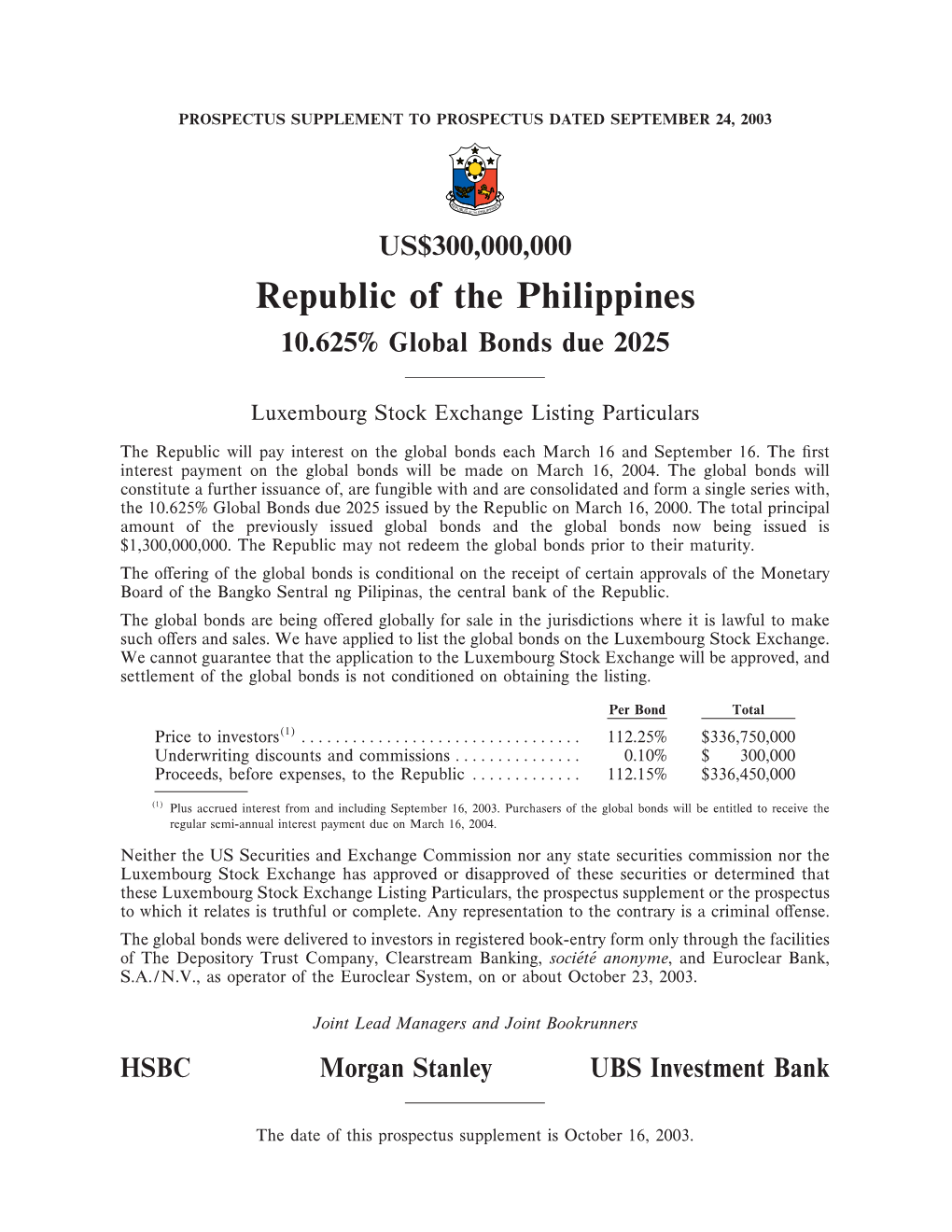Republic of the Philippines 10.625% Global Bonds Due 2025