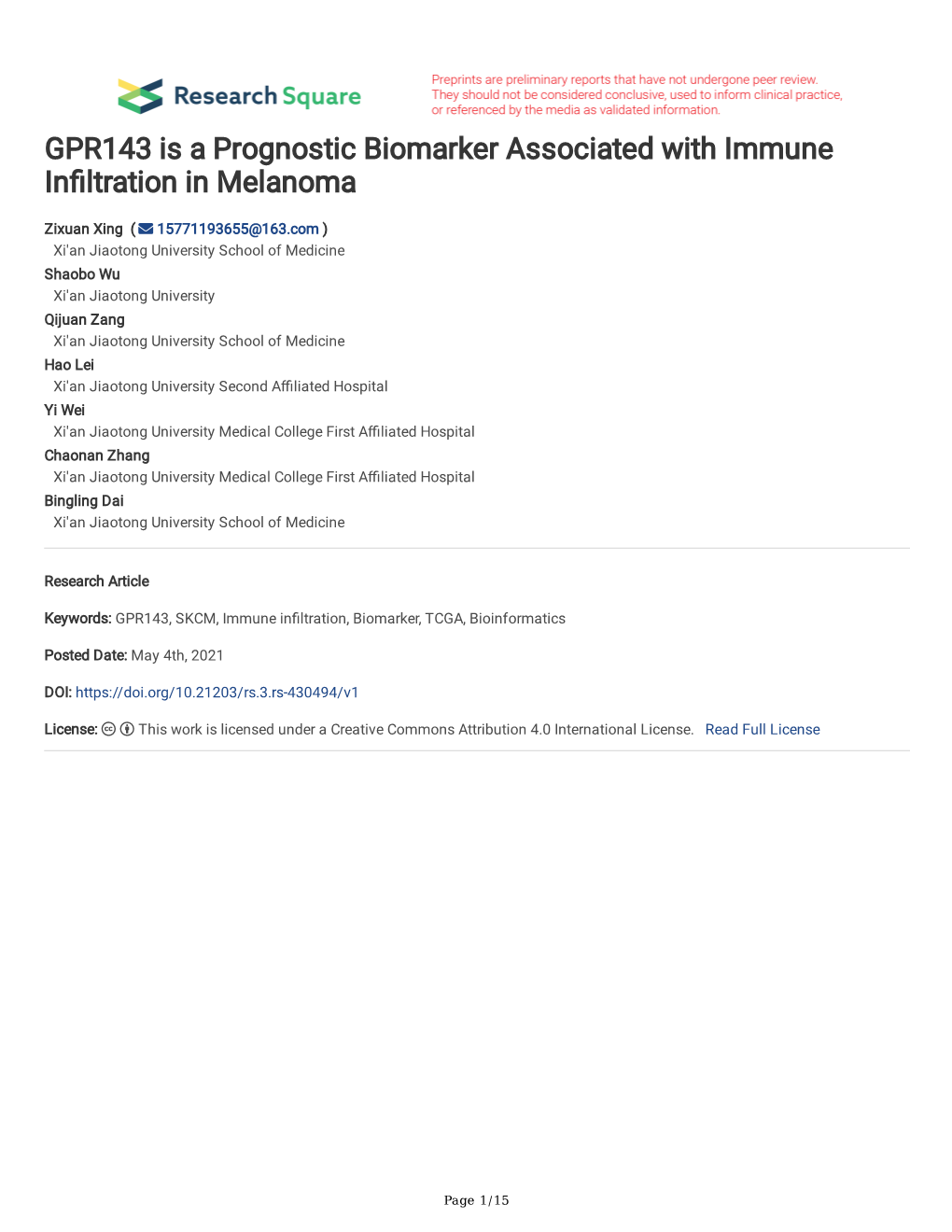 GPR143 Is a Prognostic Biomarker Associated with Immune in Ltration