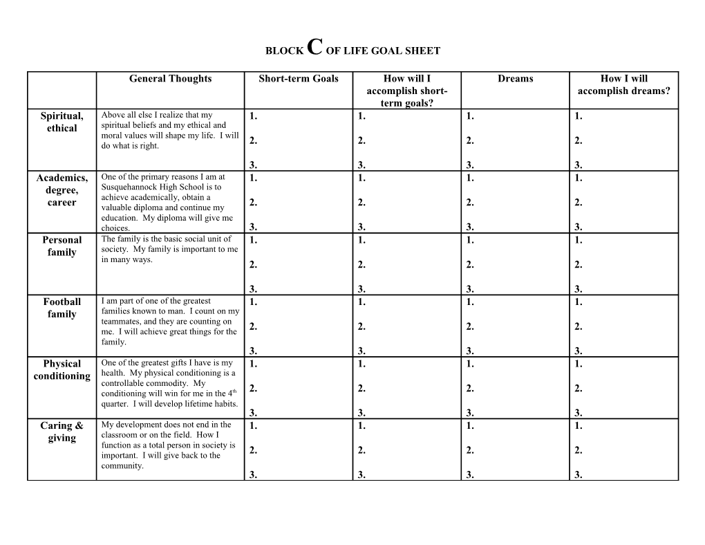 Block S of Life Goal Sheet