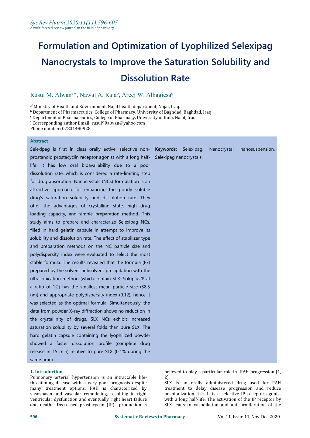 Formulation and Optimization of Lyophilized Selexipag Nanocrystals to Improve the Saturation Solubility and Dissolution Rate