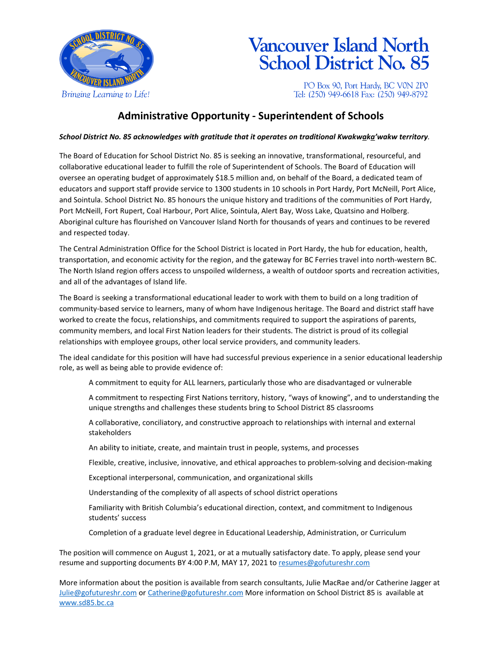 Administrative Opportunity - Superintendent of Schools