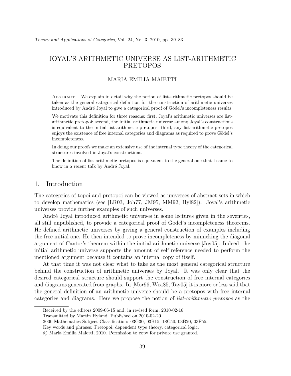 Joyal's Arithmetic Universe As List-Arithmetic Pretopos 1