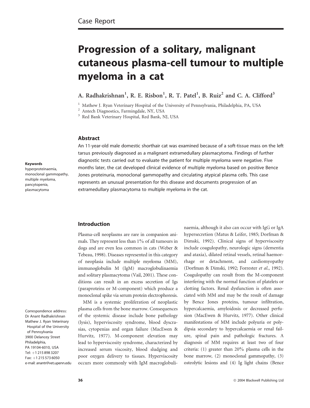 Progression of a Solitary, Malignant Cutaneous Plasma-Cell Tumour to Multiple Myeloma in a Cat