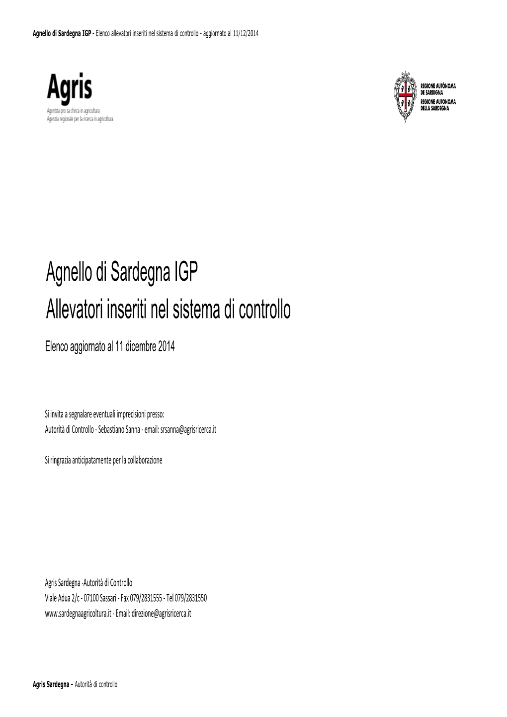 Agnello Di Sardegna IGP Allevatori Inseriti Nel Sistema Di Controllo Elenco Aggiornato Al 11 Dicembre 2014