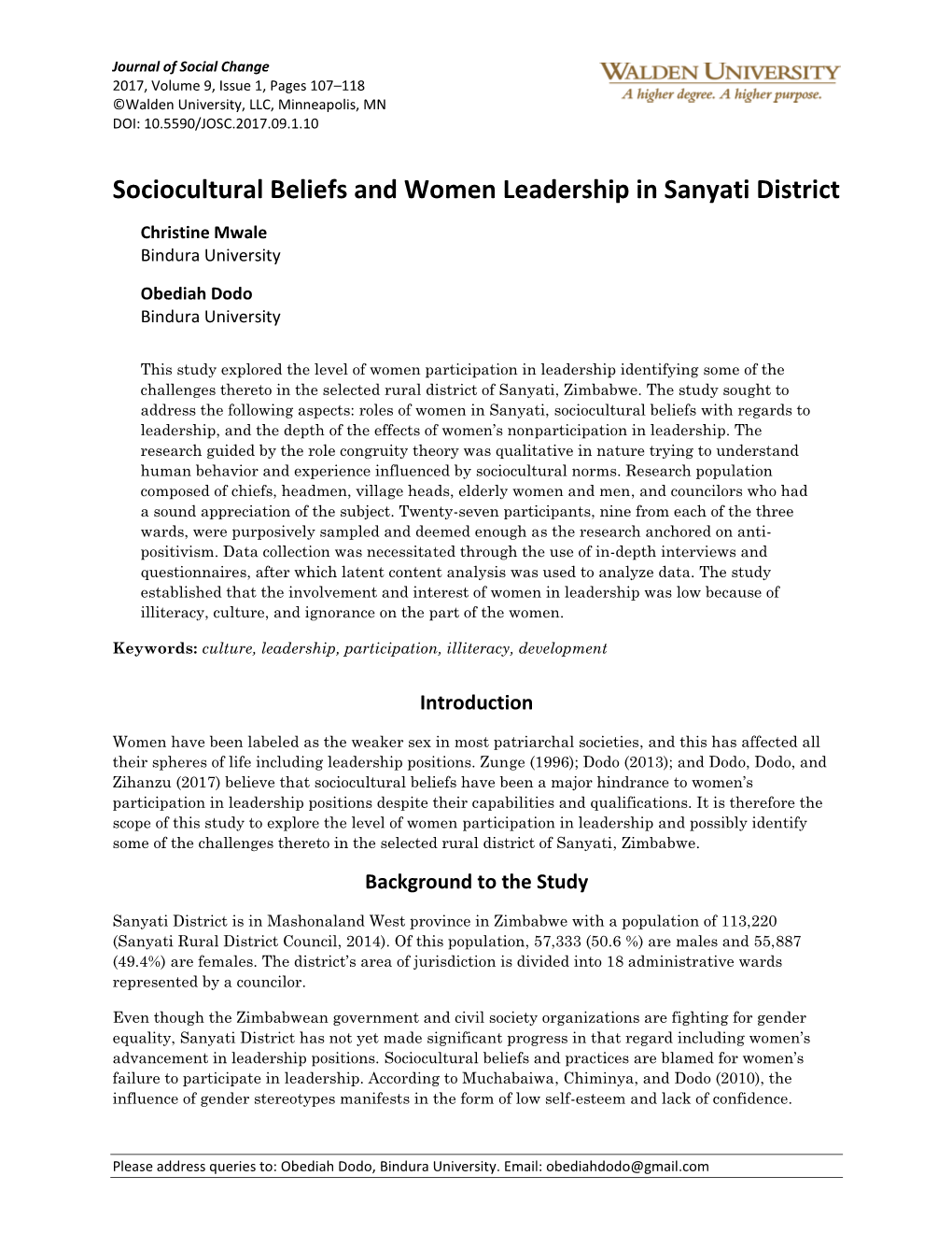 Sociocultural Beliefs and Women Leadership in Sanyati District