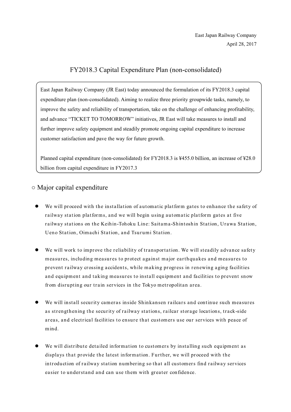 FY2018.3 Capital Expenditure Plan (Non-Consolidated) [PDF/672KB]