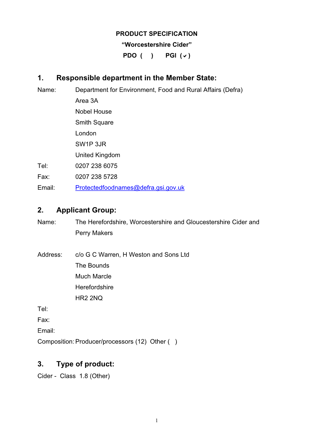 Worcestershire Cider Product Specification