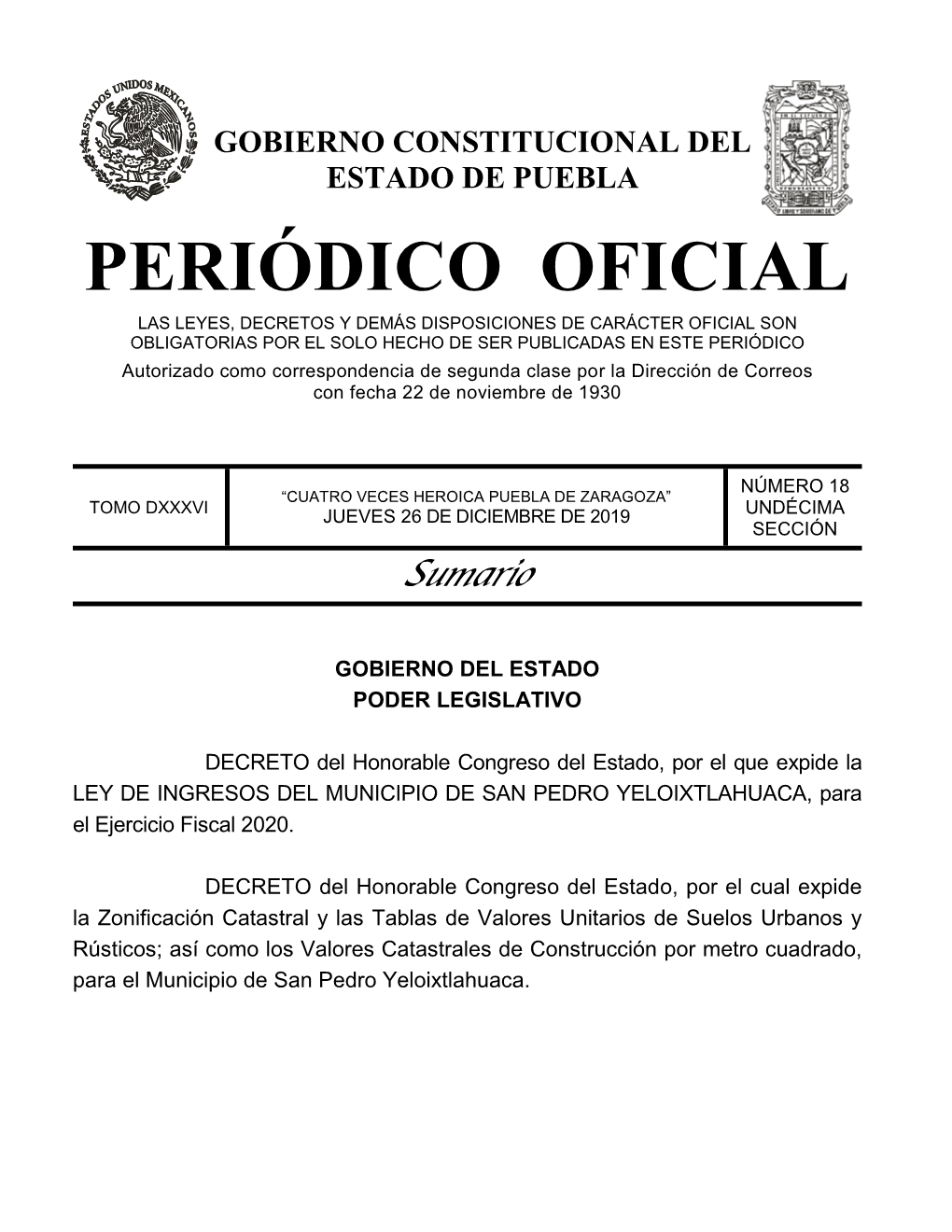 LEY DE INGRESOS DEL MUNICIPIO DE SAN PEDRO YELOIXTLAHUACA, Para El Ejercicio Fiscal 2020