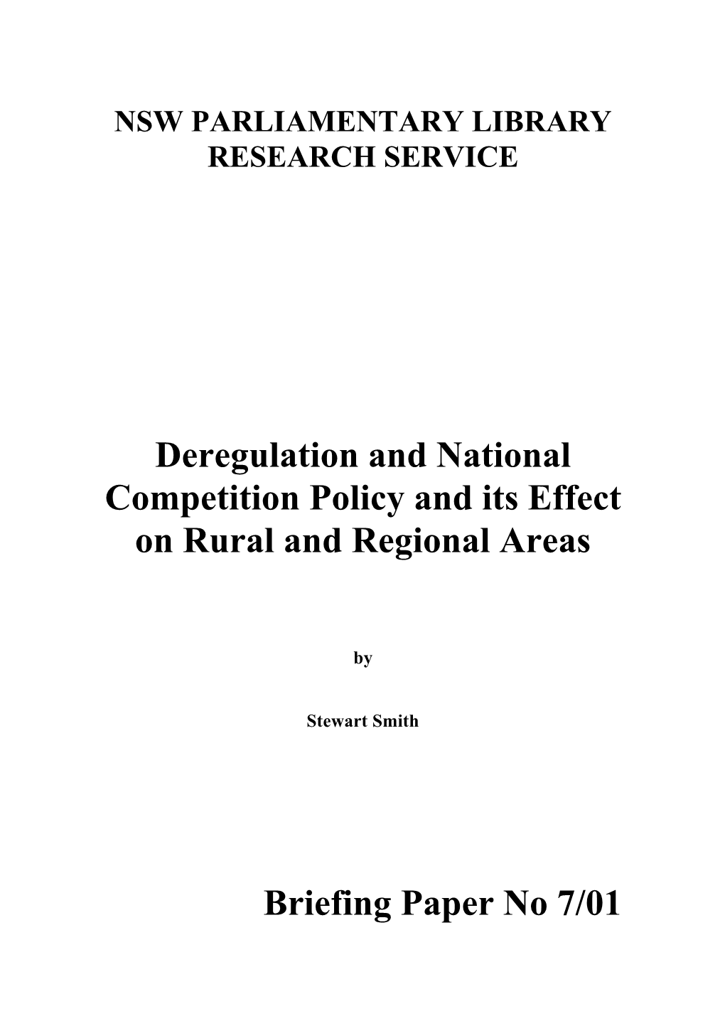 Deregulation and National Competition Policy and Its Effect on Rural and Regional Areas
