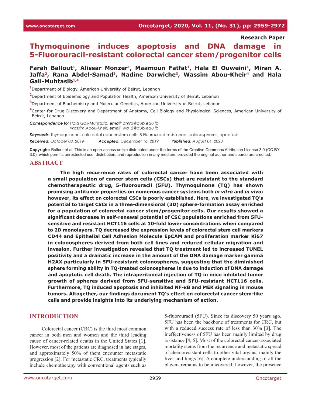 Thymoquinone Induces Apoptosis and DNA Damage in 5-Fluorouracil-Resistant Colorectal Cancer Stem/Progenitor Cells