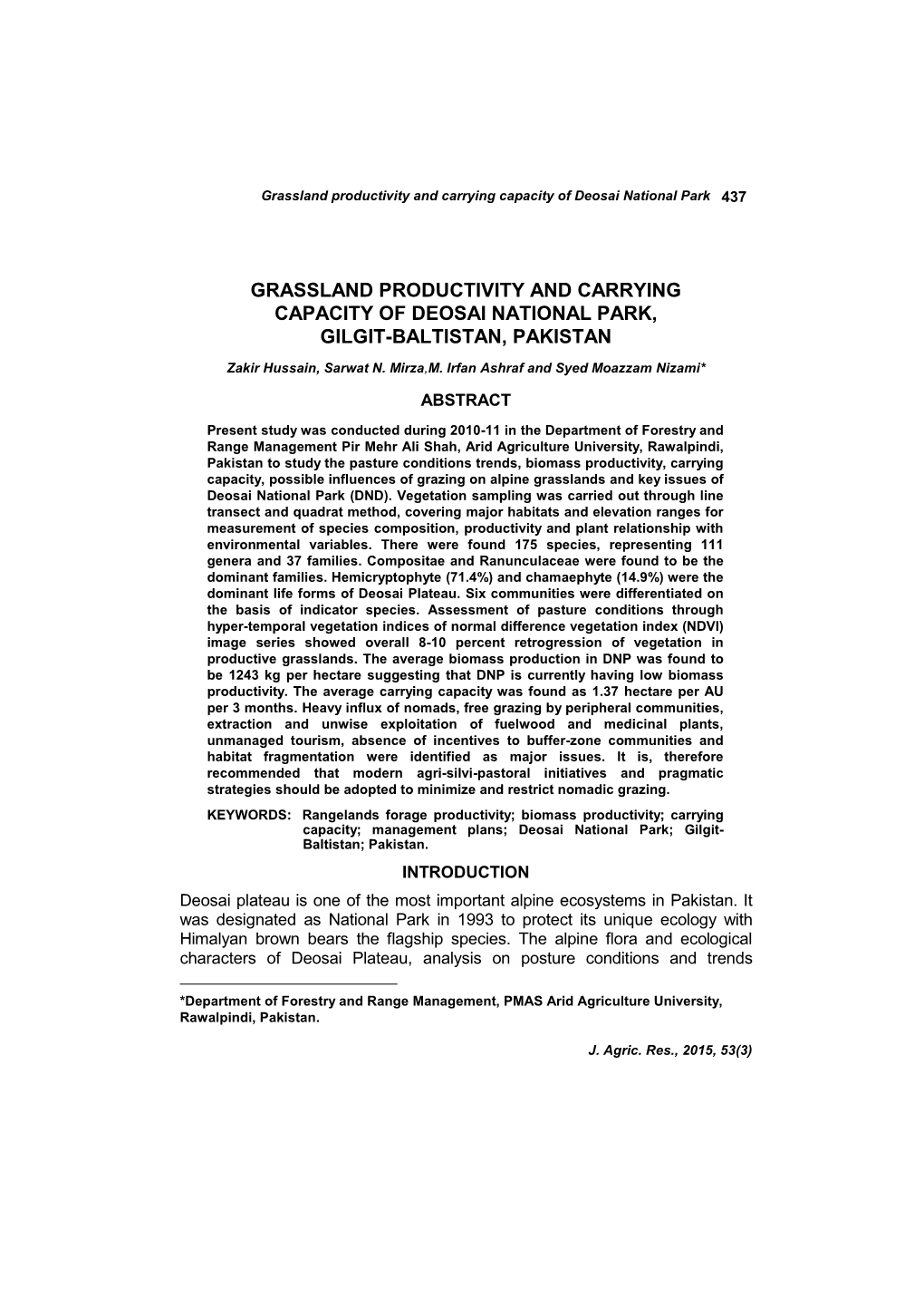 Grassland Productivity and Carrying Capacity of Deosai National Park 437