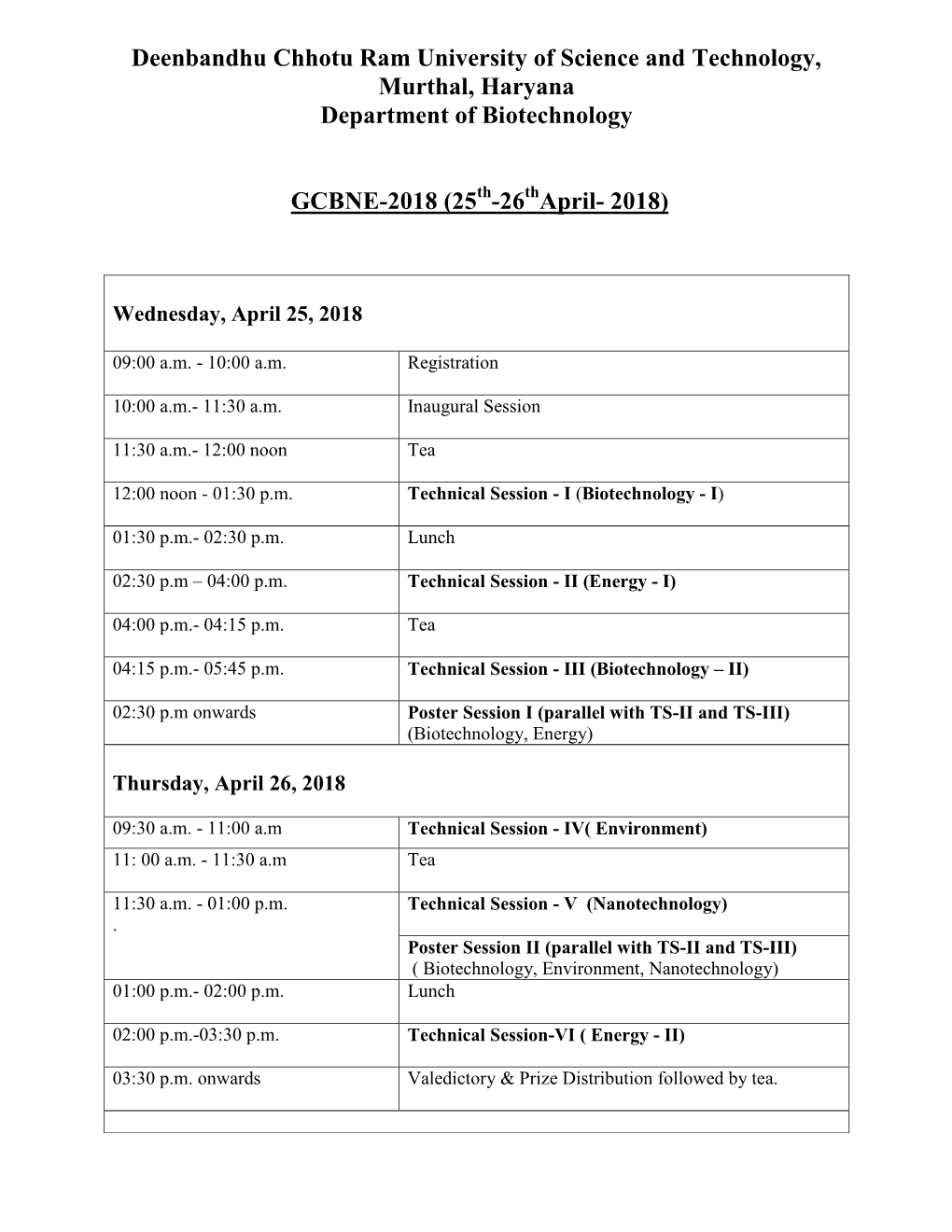 Deenbandhu Chhotu Ram University of Science and Technology, Murthal, Haryana Department of Biotechnology