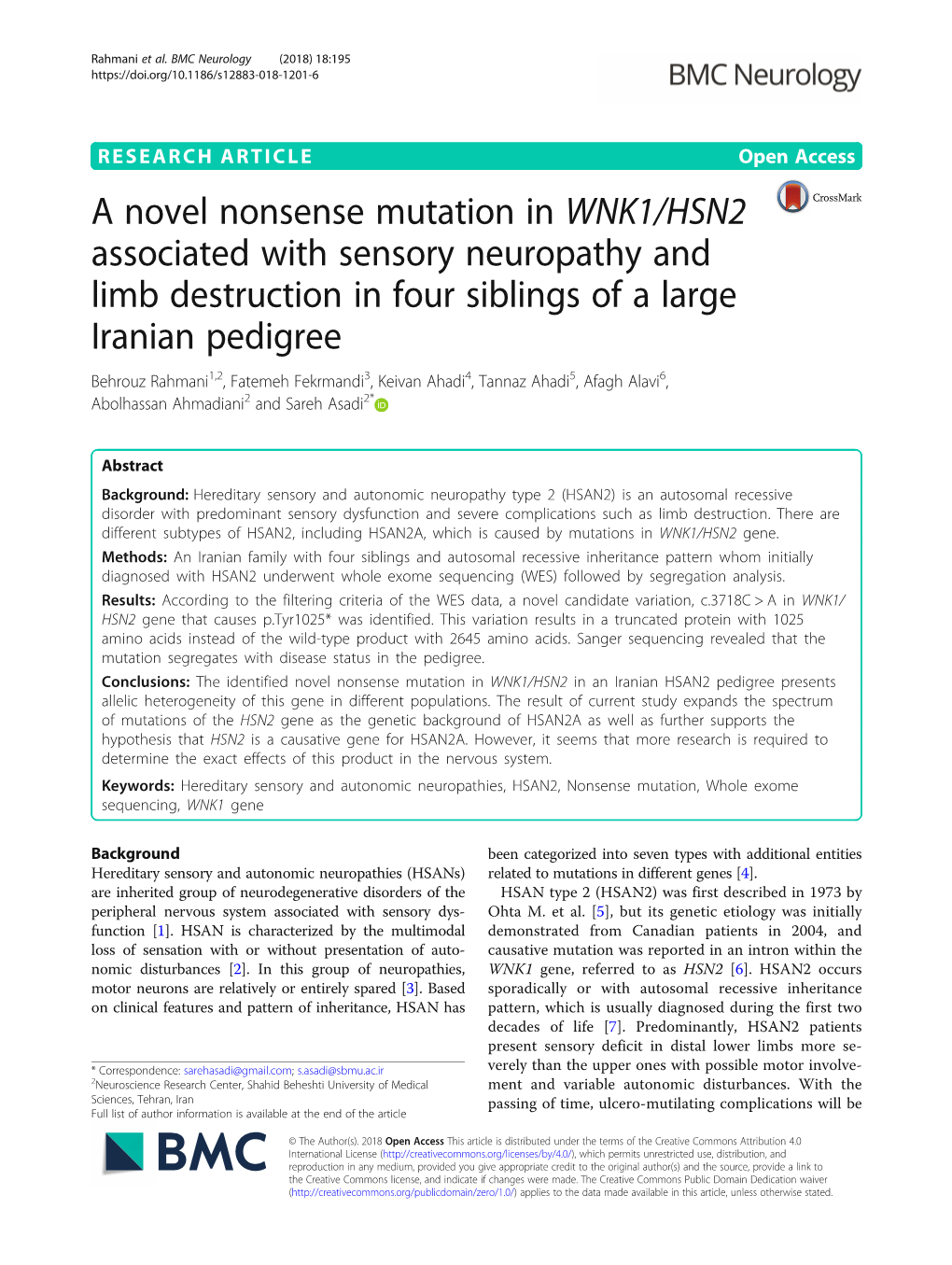 A Novel Nonsense Mutation in WNK1/HSN2 Associated with Sensory Neuropathy and Limb Destruction in Four Siblings of a Large Irani