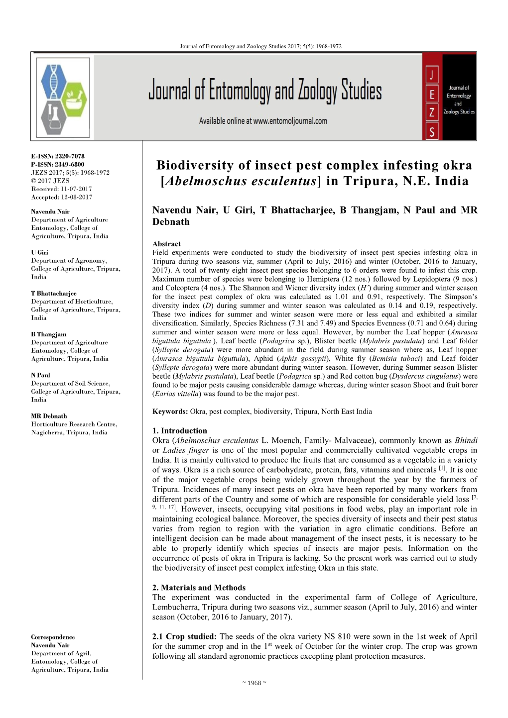 Biodiversity of Insect Pest Complex Infesting Okra [Abelmoschus