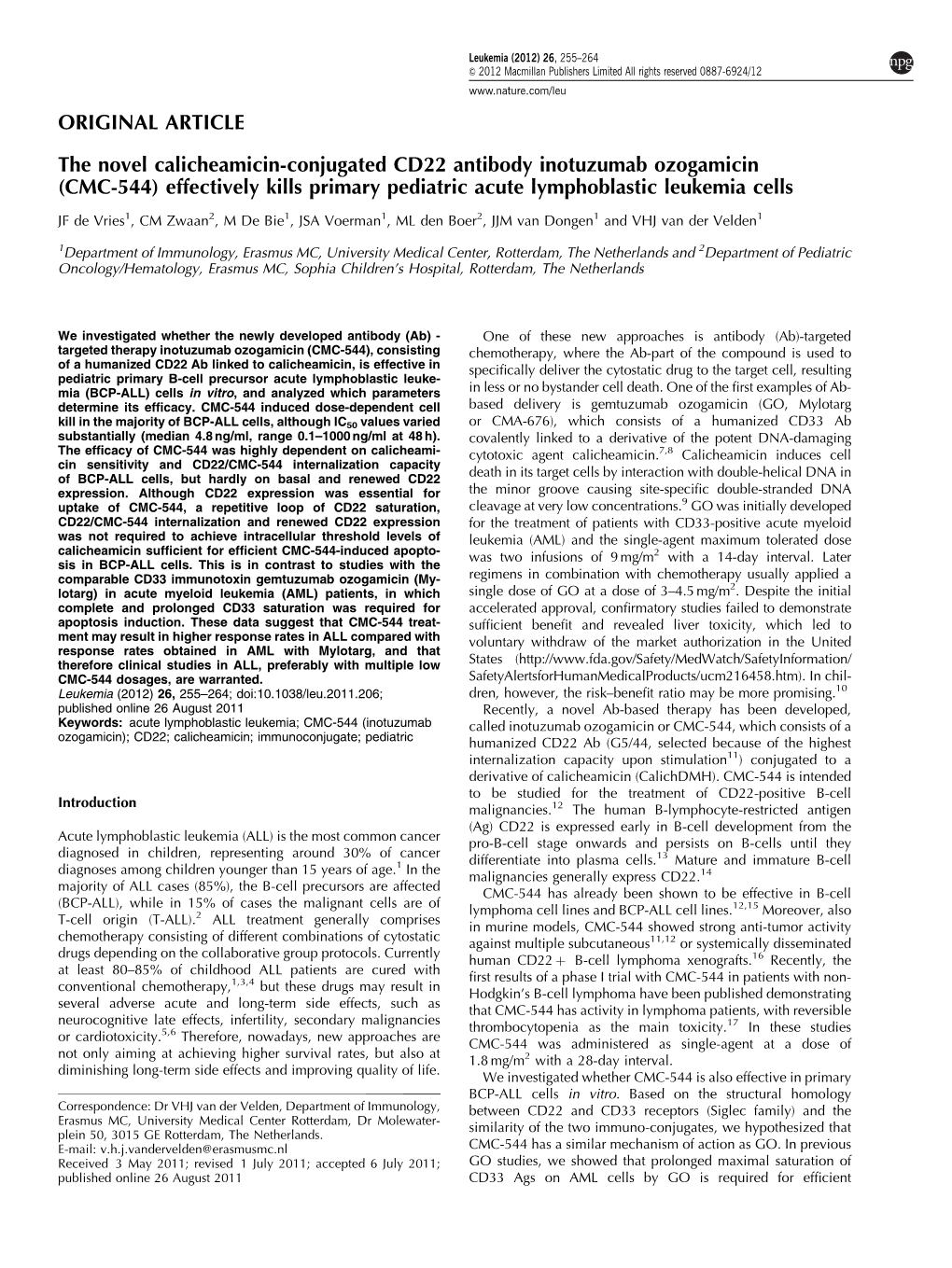 The Novel Calicheamicin-Conjugated CD22 Antibody Inotuzumab Ozogamicin (CMC-544) Effectively Kills Primary Pediatric Acute Lymphoblastic Leukemia Cells