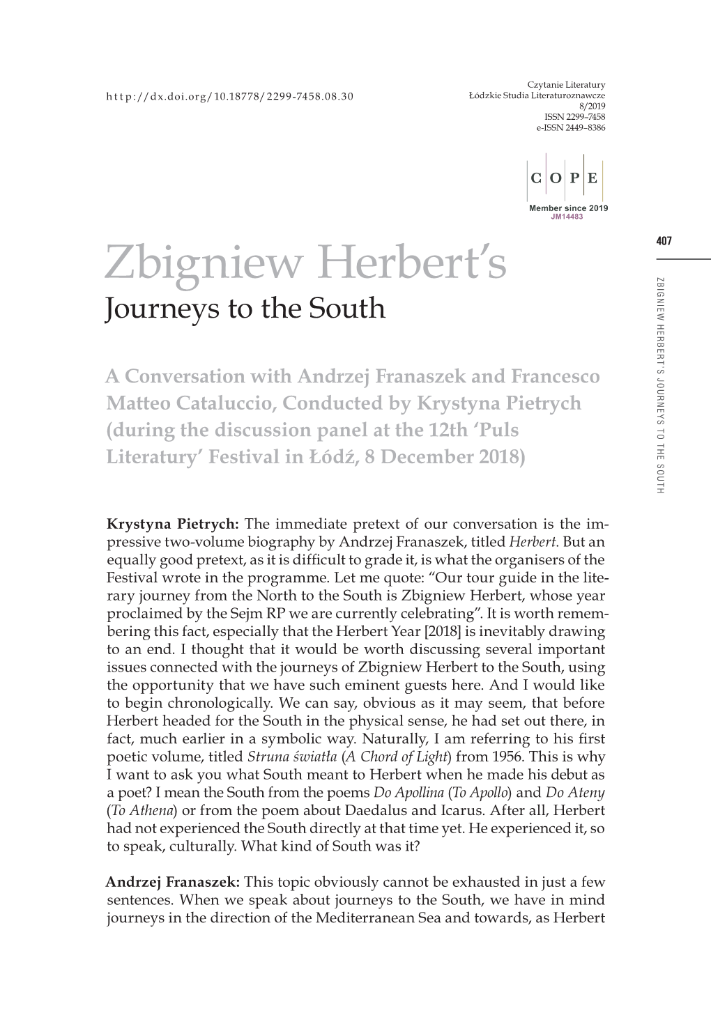 Zbigniew Herbertâ•Žs Journeys to the South. a Conversation with Andrzej