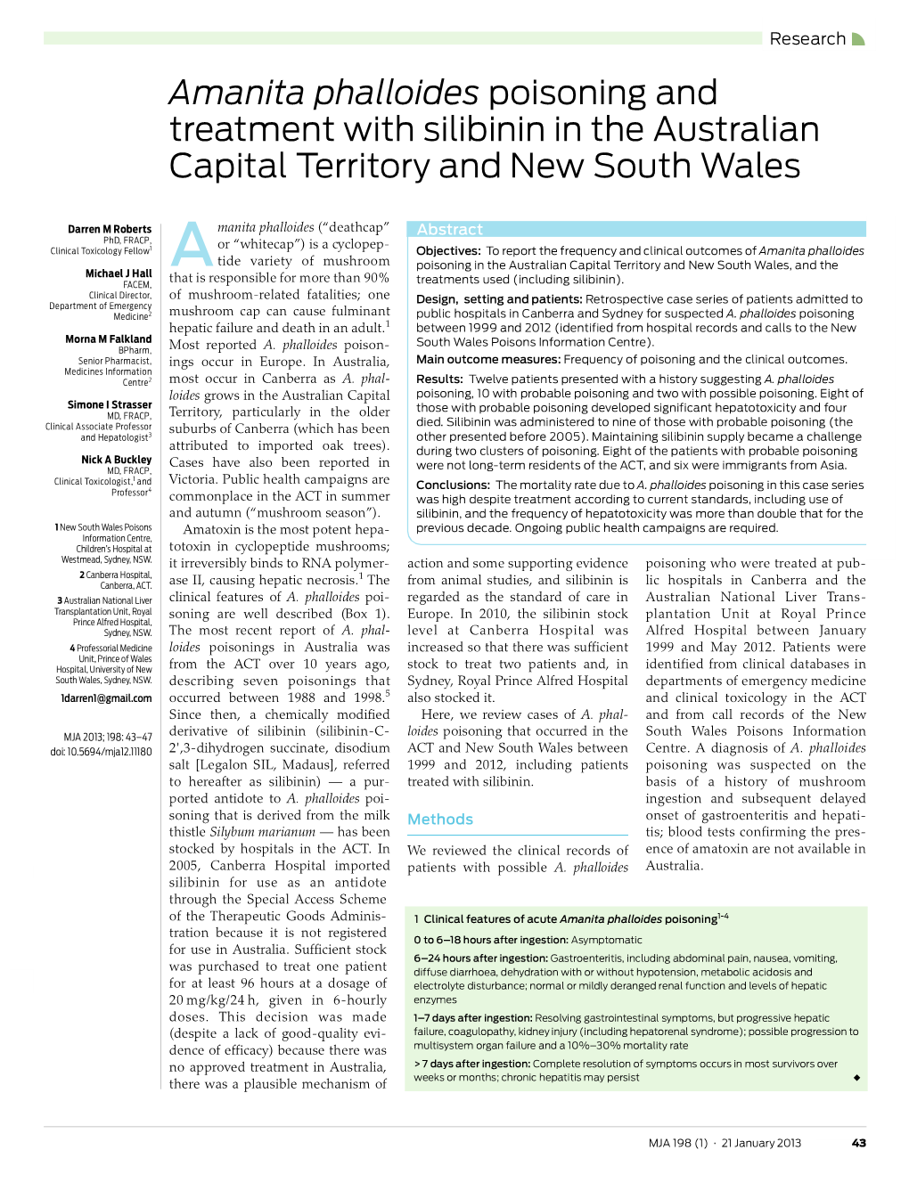 Amanita Phalloides Poisoning and Treatment with Silibinin in the Australian Capital Territory and New South Wales