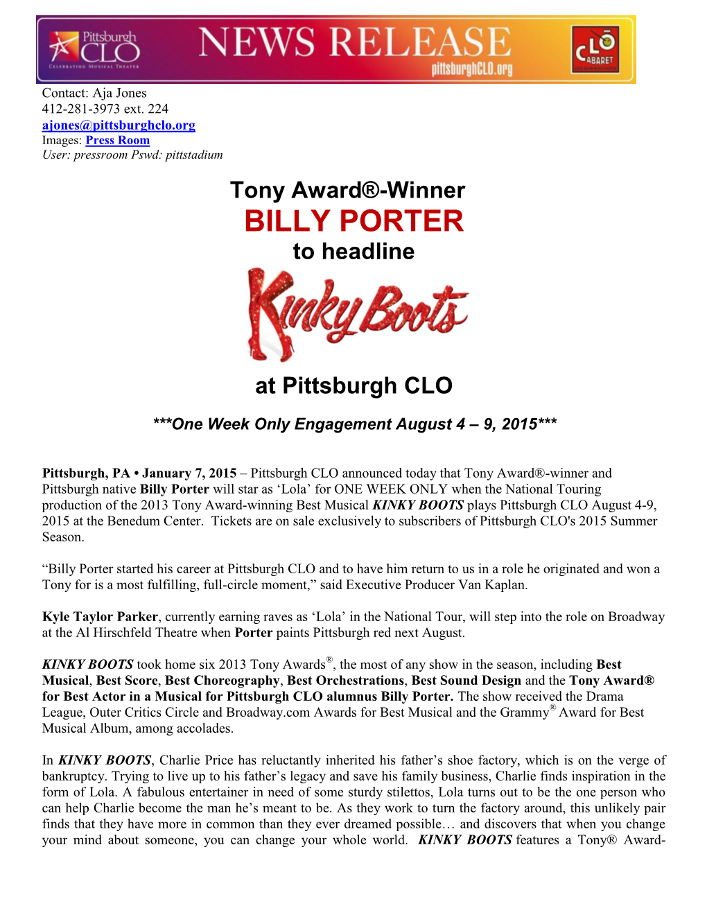 BILLY PORTER to Headline