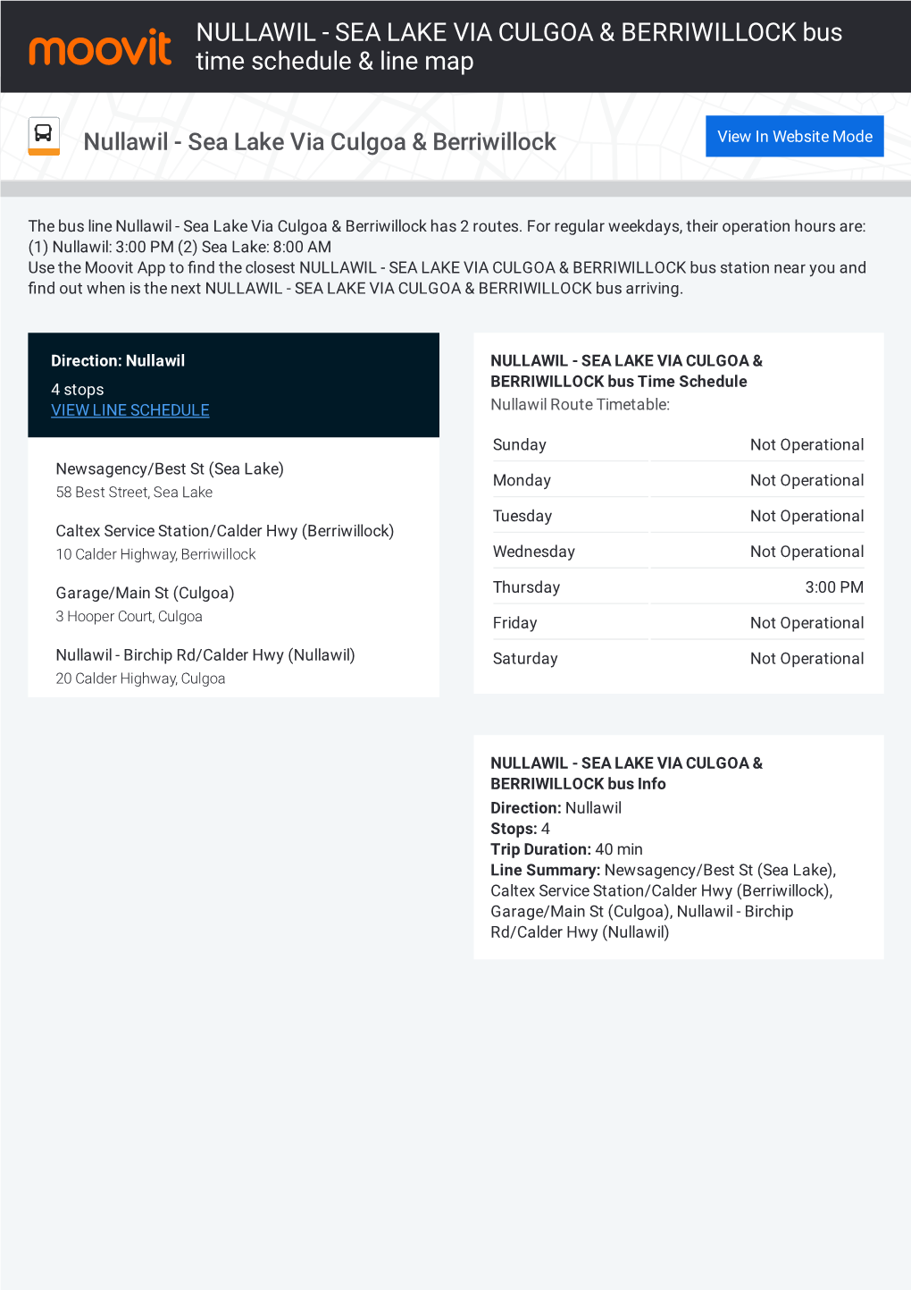 NULLAWIL - SEA LAKE VIA CULGOA & BERRIWILLOCK Bus Time Schedule & Line Map