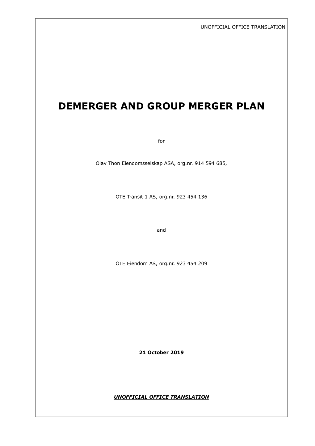 Demerger and Group Merger Plan