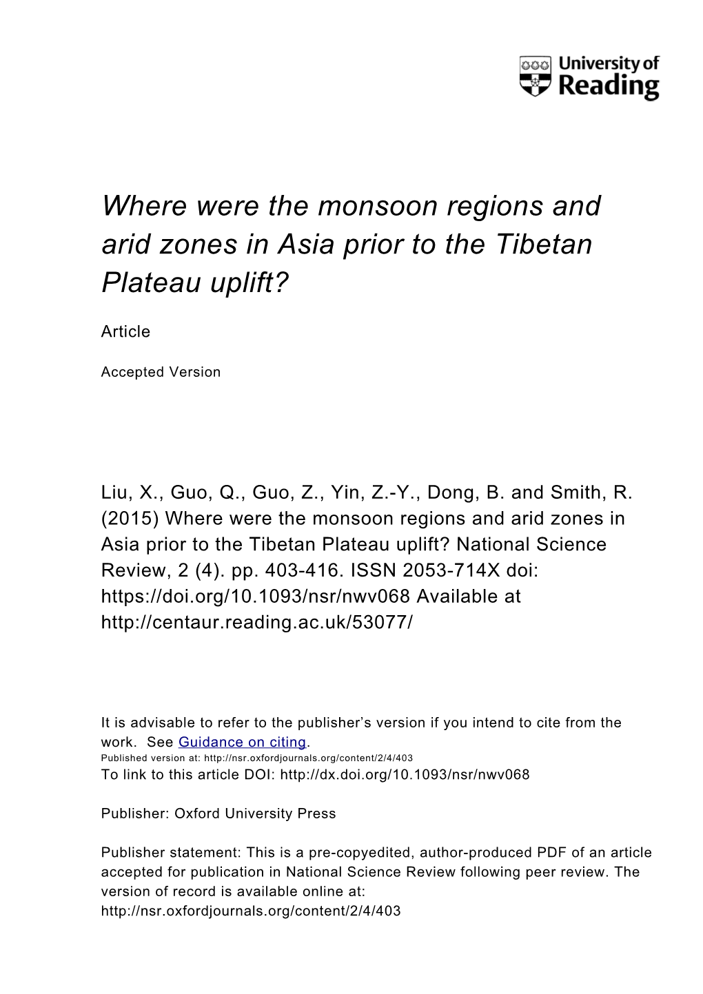 Where Were Monsoon Regions and Arid Zones in Asia Prior to The