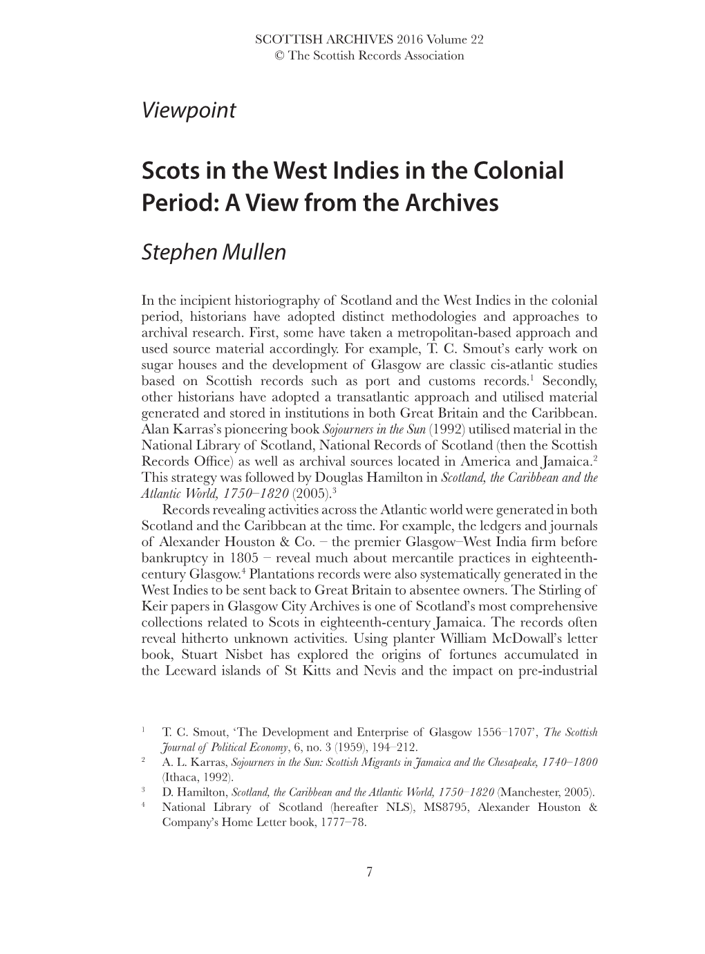 Scots in the West Indies in the Colonial Period: a View from the Archives