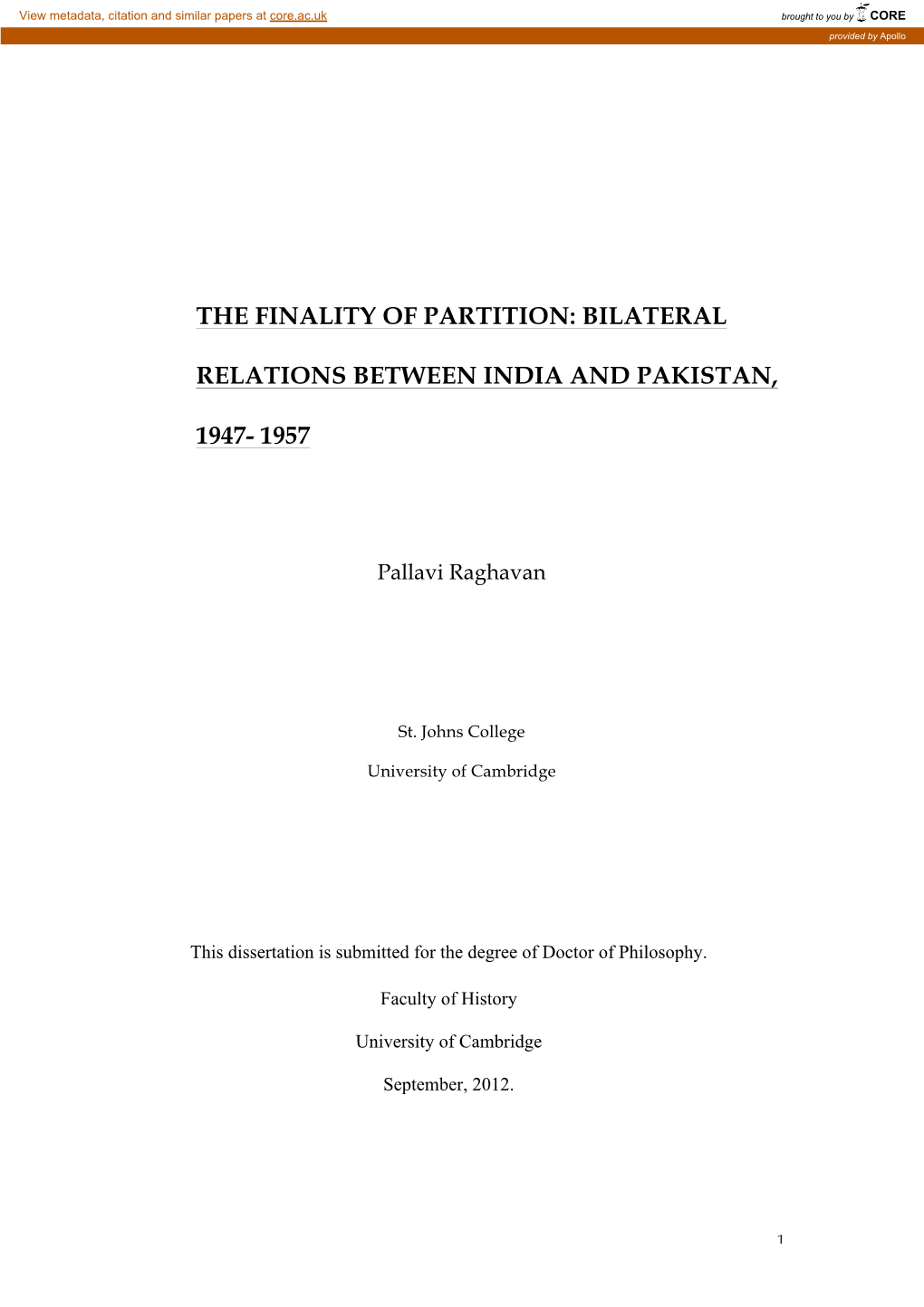 Bilateral Relations Between India and Pakistan, 1947- 1957