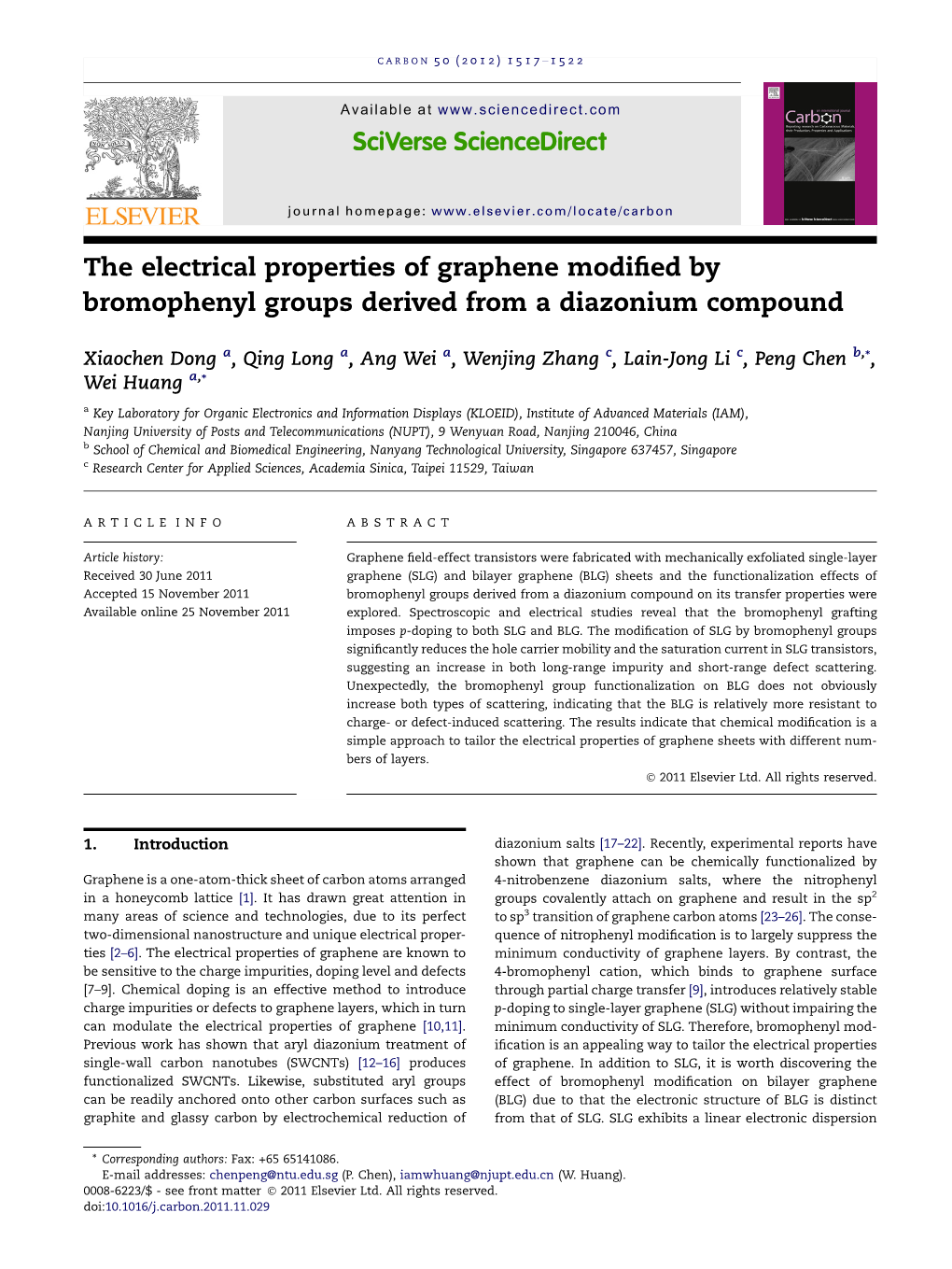 The Electrical Properties of Graphene Modified by Bromophenyl Groups