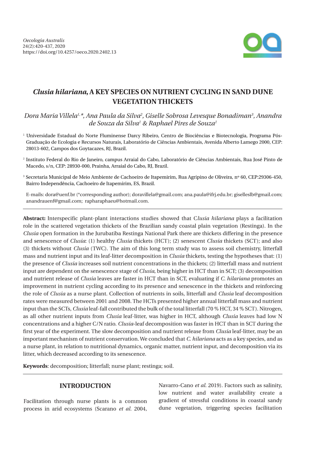 Clusia Hilariana, a Key Species on Nutrient Cycling in Sand Dune Vegetation Thickets