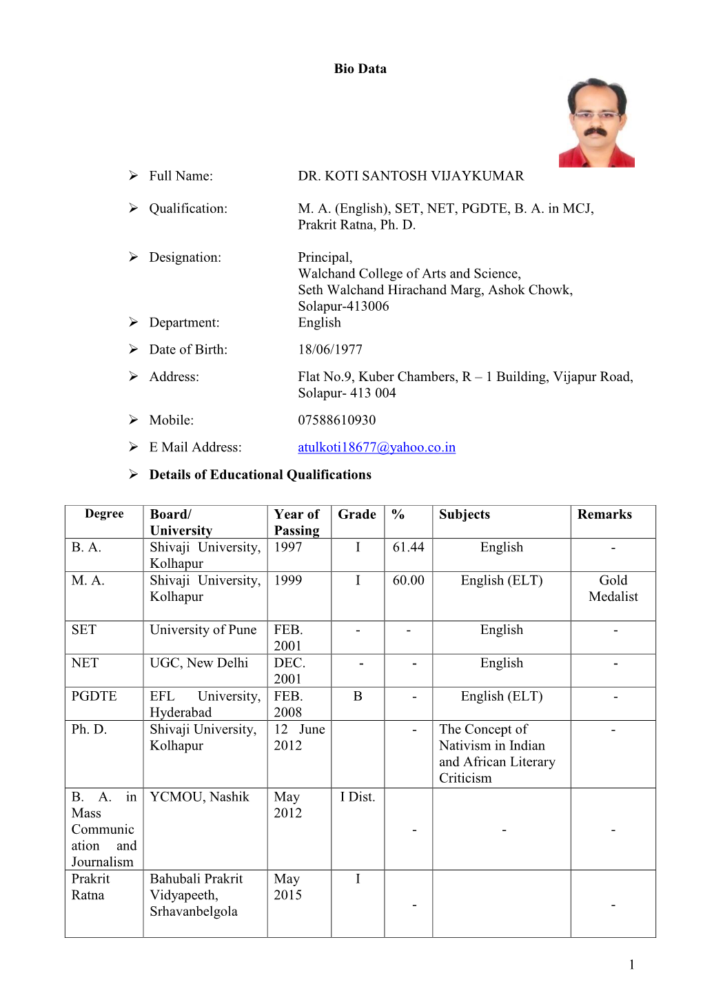 DR. KOTI SANTOSH VIJAYKUMAR Qualification