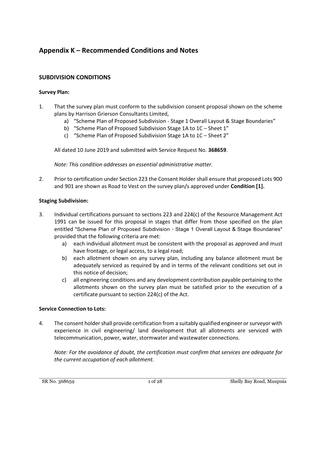 Appendix K – Recommended Conditions and Notes