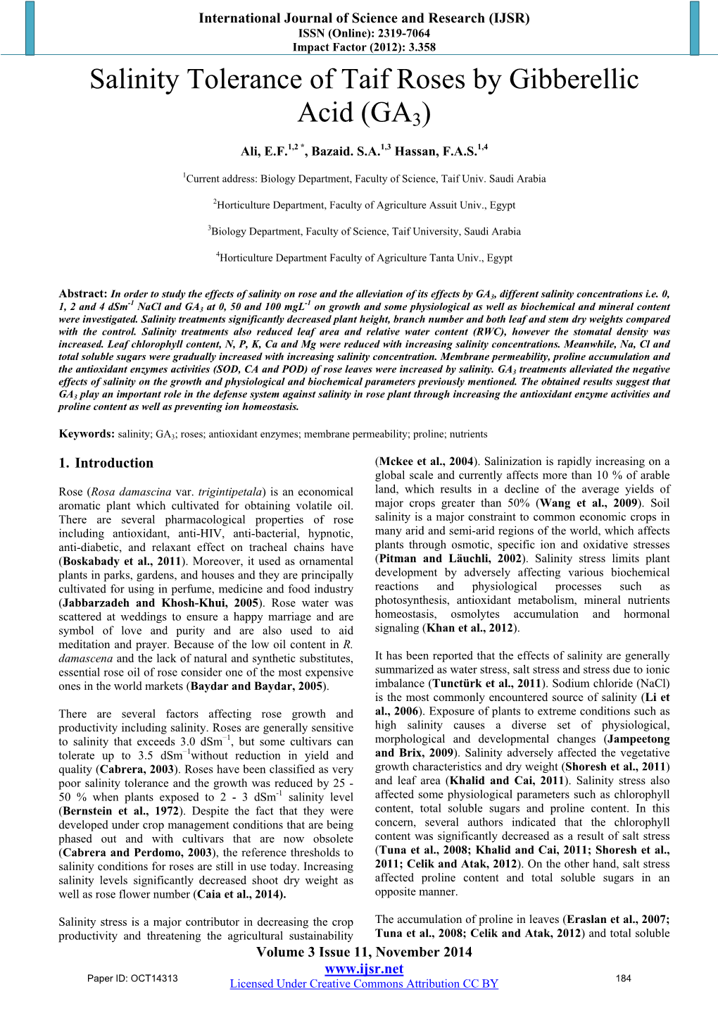 Salinity Tolerance of Taif Roses by Gibberellic Acid (GA3)