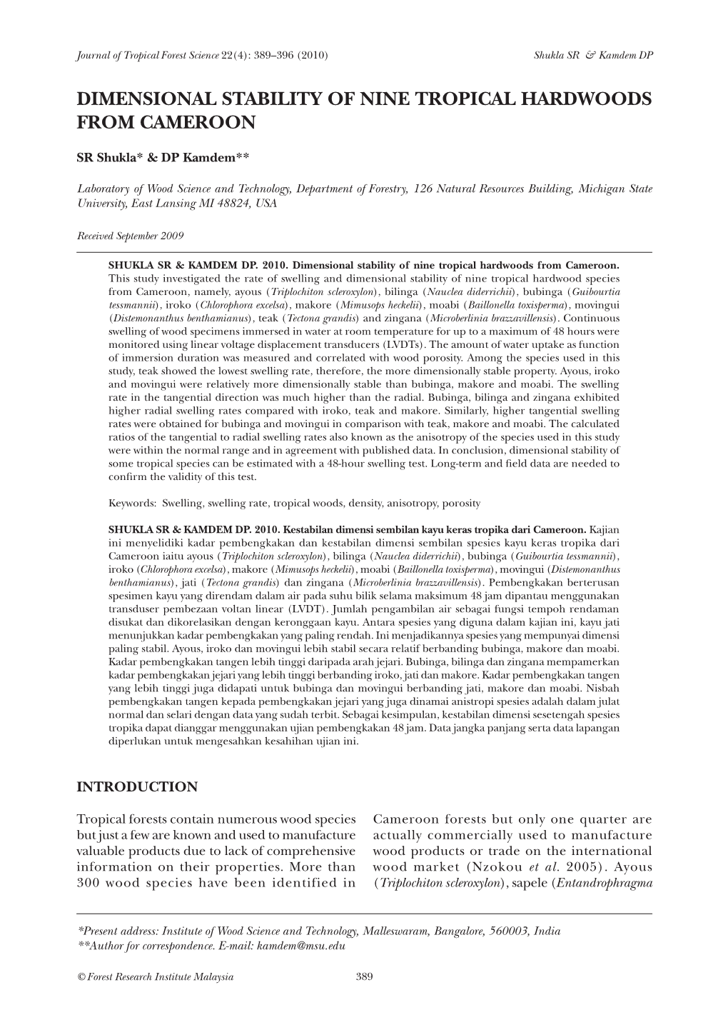 Dimensional Stability of Nine Tropical Hardwoods from Cameroon