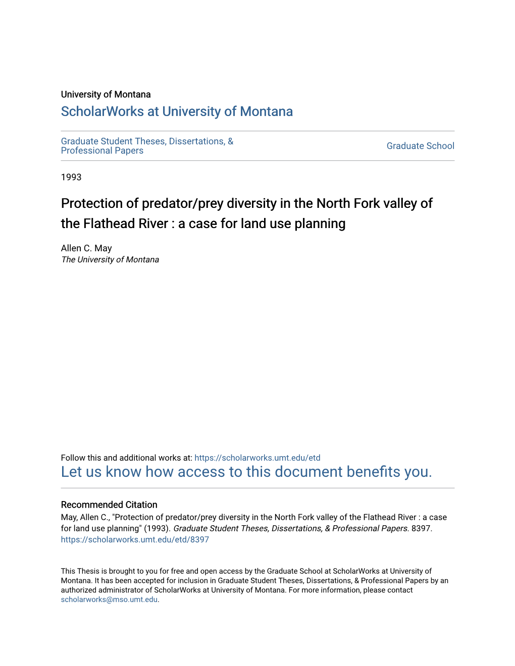 Protection of Predator/Prey Diversity in the North Fork Valley of the Flathead River : a Case for Land Use Planning