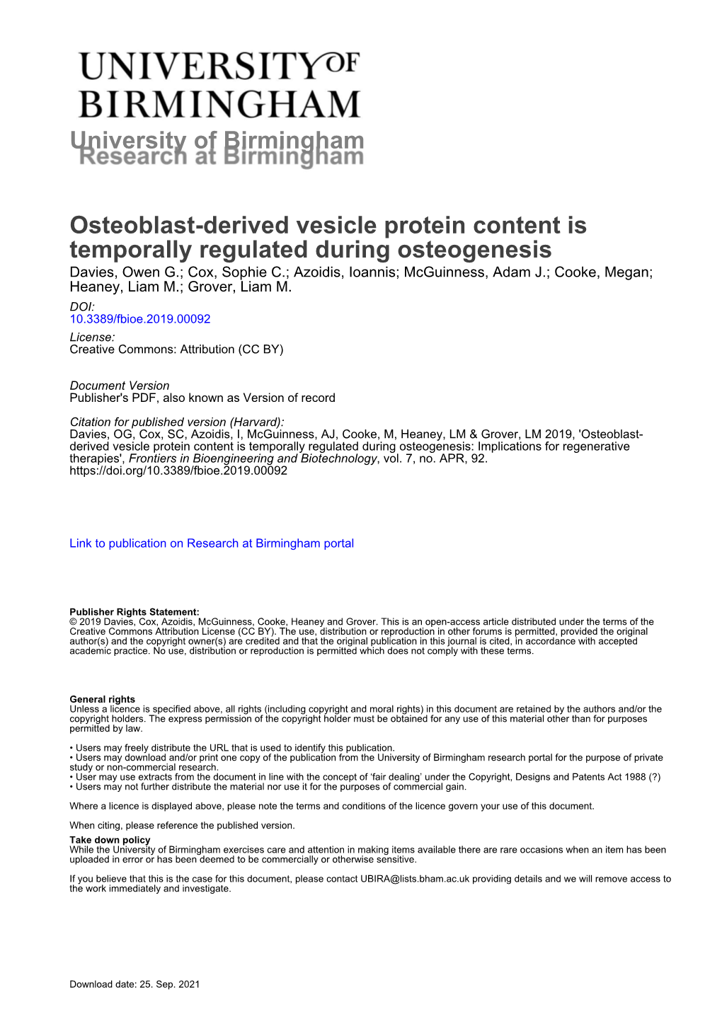 Osteoblast-Derived Vesicle Protein Content Is Temporally Regulated