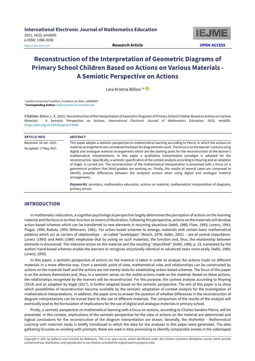 Reconstruction of the Interpretation of Geometric Diagrams of Primary School Children Based on Actions on Various Materials - a Semiotic Perspective on Actions