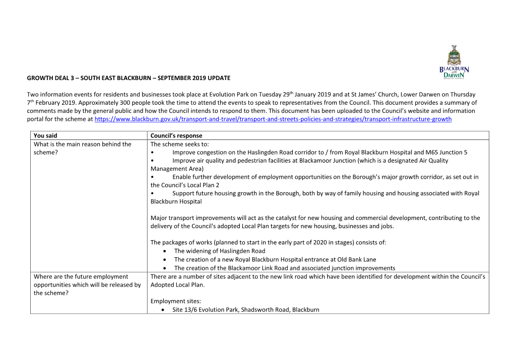 Growth Deal 3 – South East Blackburn – September 2019 Update