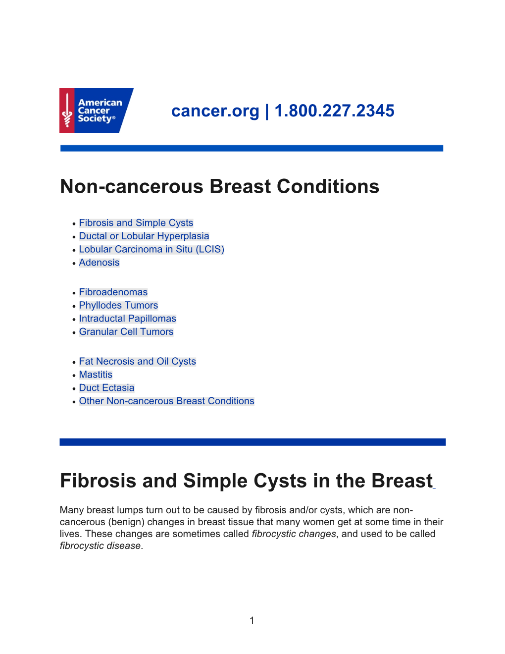 Non-Cancerous Breast Conditions Fibrosis and Simple Cysts in The