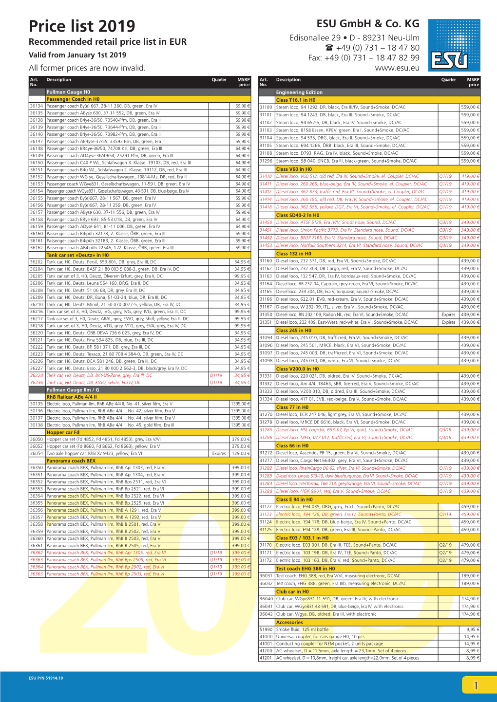 Price List 2019 ESU Gmbh & Co