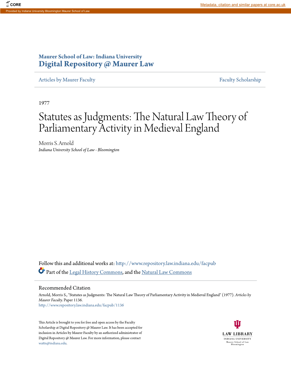 Statutes As Judgments: the Natural Law Theory of Parliamentary Activity in Medieval England*