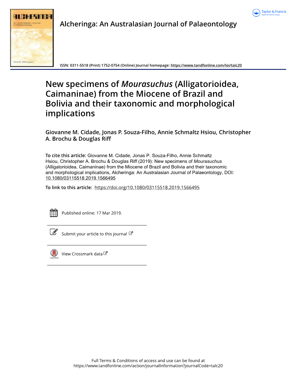 New Specimens of Mourasuchus (Alligatorioidea, Caimaninae) from the Miocene of Brazil and Bolivia and Their Taxonomic and Morphological Implications