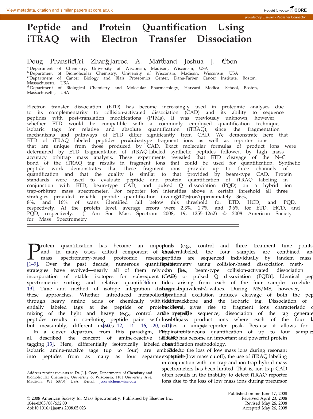 Peptide and Protein Quantification Using Itraq with Electron Transfer Dissociation