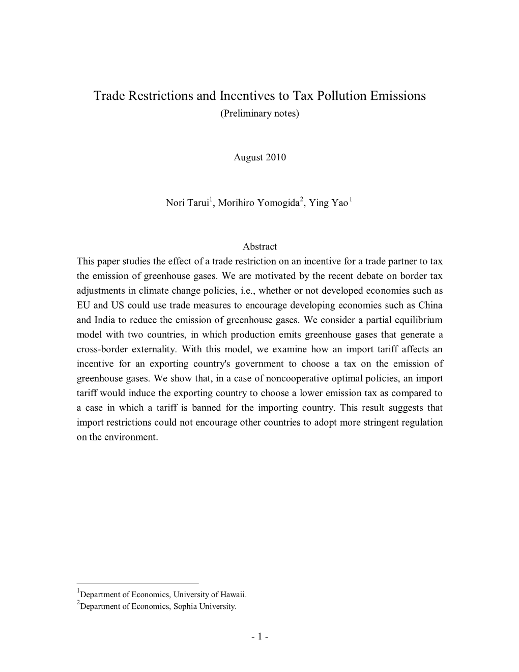 Trade Restrictions and Incentives to Tax Pollution Emissions (Preliminary Notes)