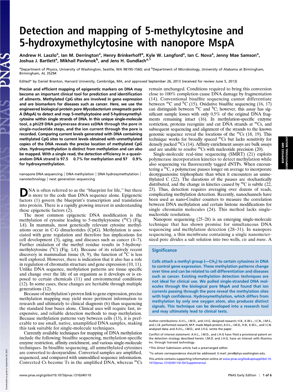 Detection and Mapping of 5-Methylcytosine and 5-Hydroxymethylcytosine with Nanopore Mspa