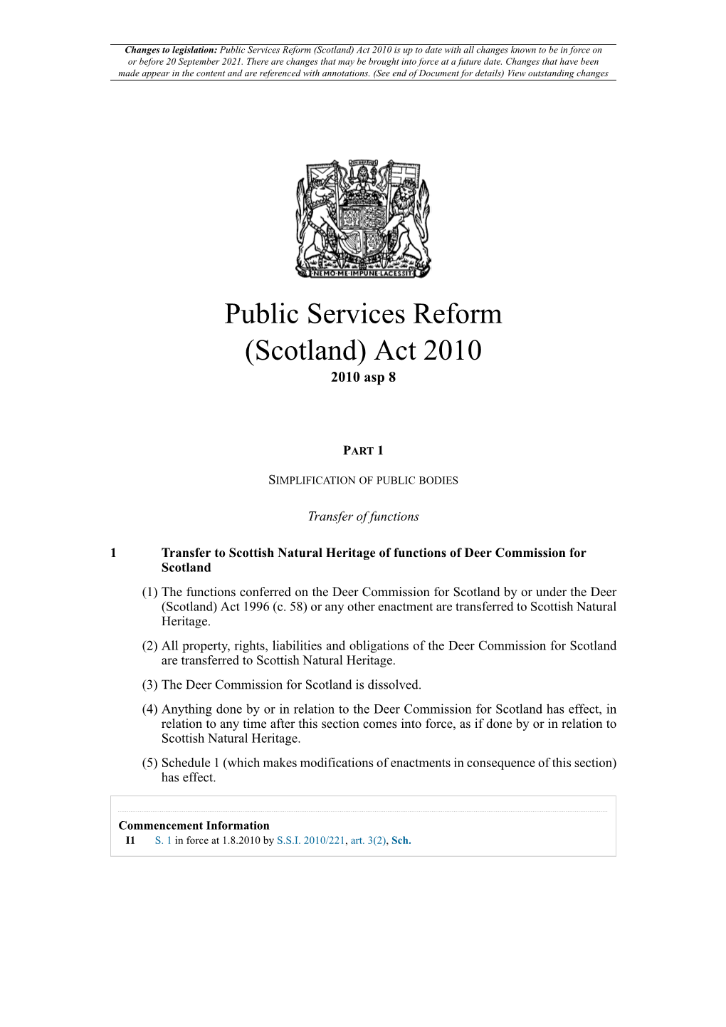 Public Services Reform (Scotland) Act 2010 Is up to Date with All Changes Known to Be in Force on Or Before 20 September 2021